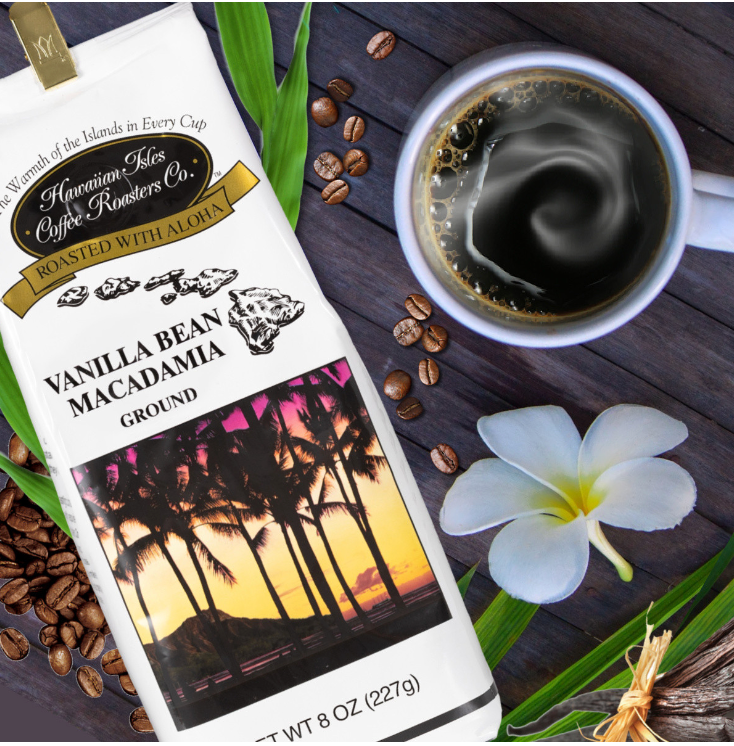 Hawaiian Isles Coffee Light Roast Ground Coffee, Vanilla Bean Macadamia Flavored, 8 oz
